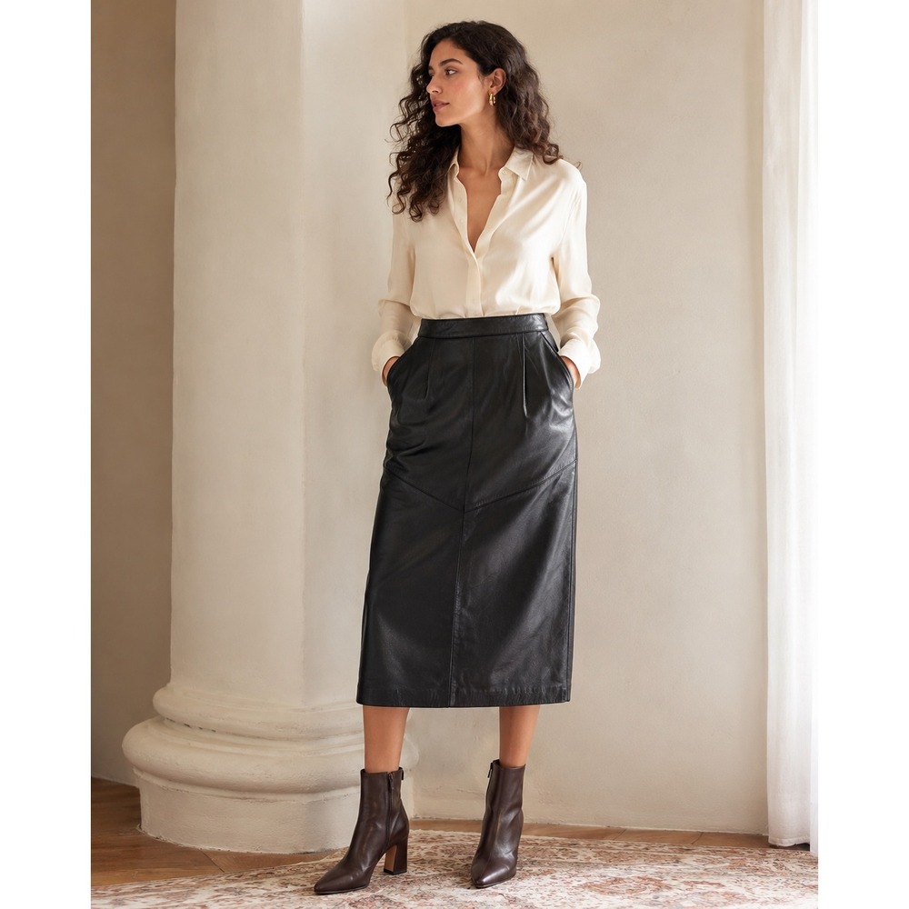 Evan Davies Skirt Women 10P Black Good Cow Nappa Leather Midi High Waist Vintage
